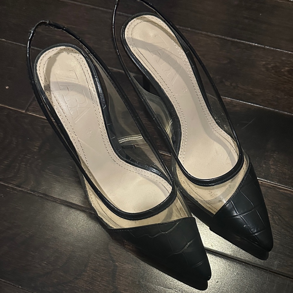 Zara black and clear sling back heels size 36
